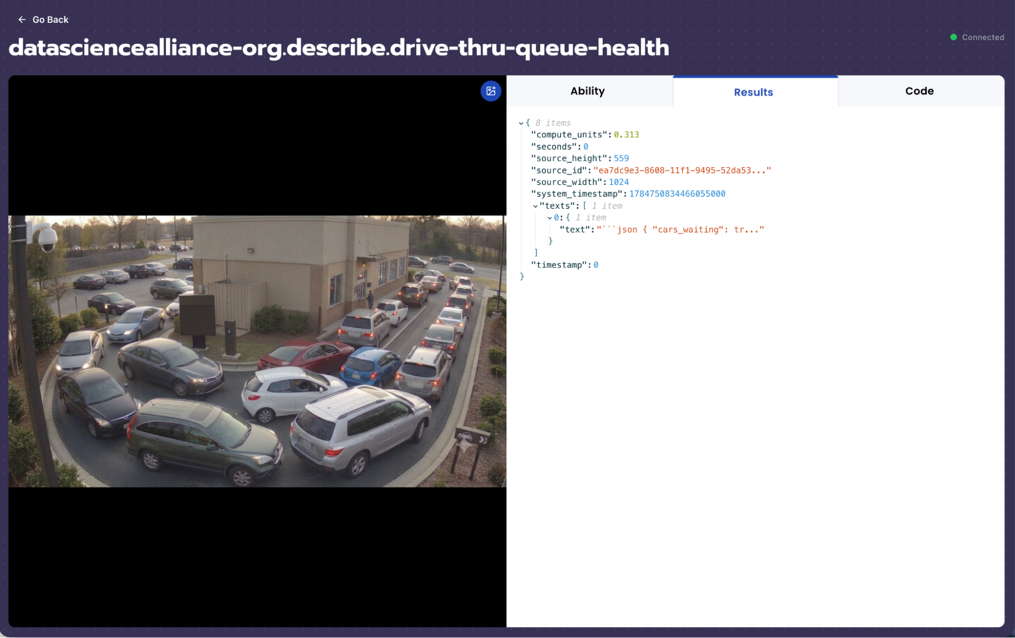EyePop dashboard showing the drive-thru-queue-health ability test results with a structured JSON output
