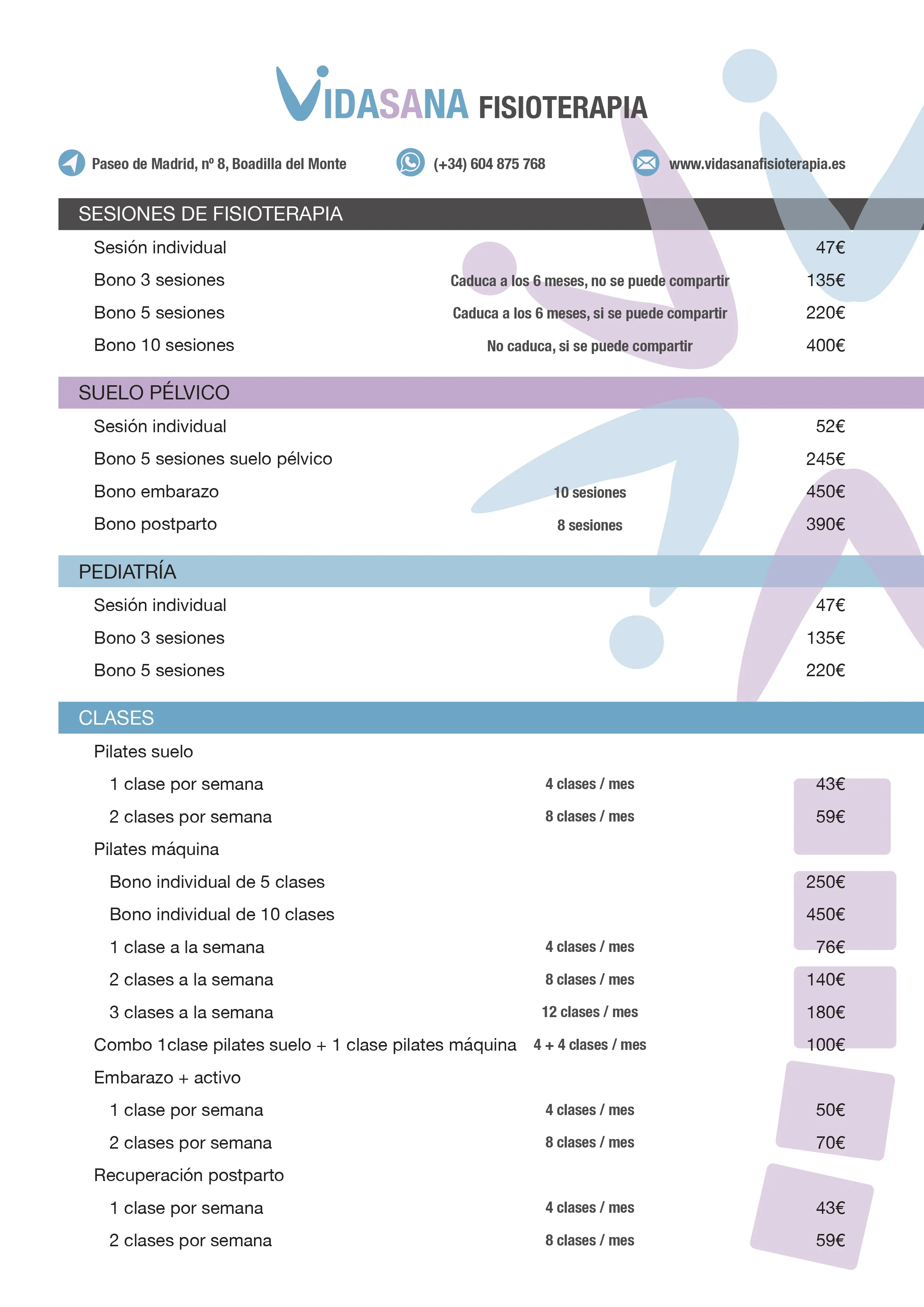 Imagen que describe las tarifas de todas las sesiones y clases