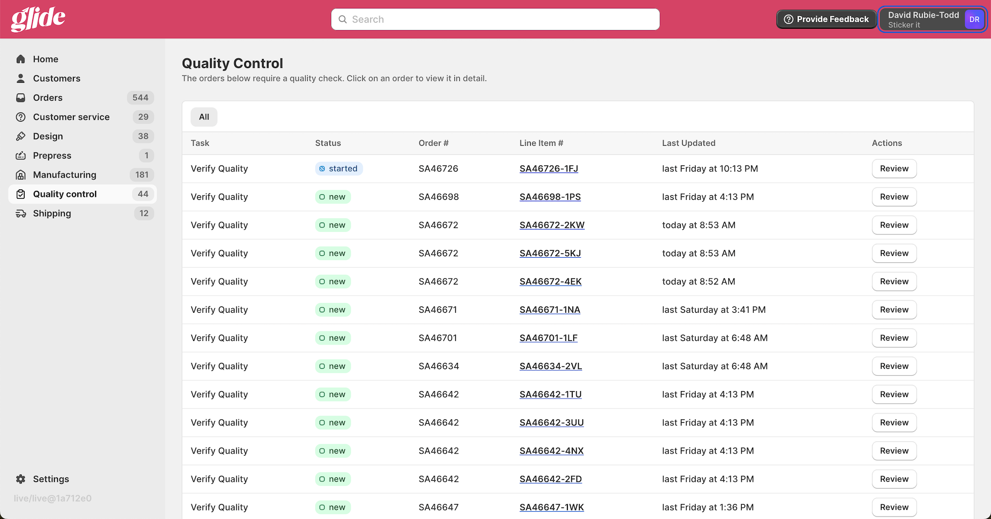 Glide's quality control overview page