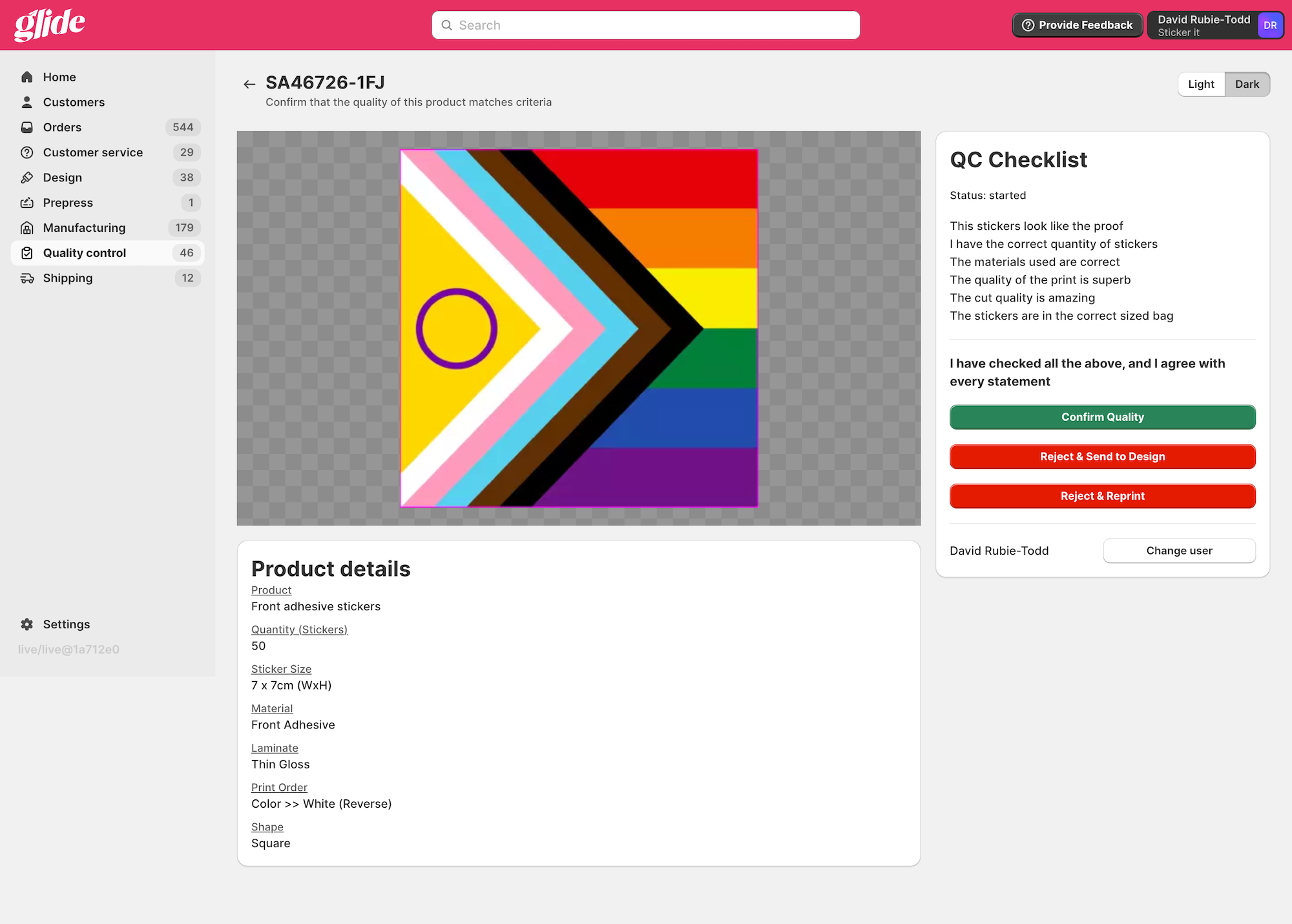 Glide's quality control detail page