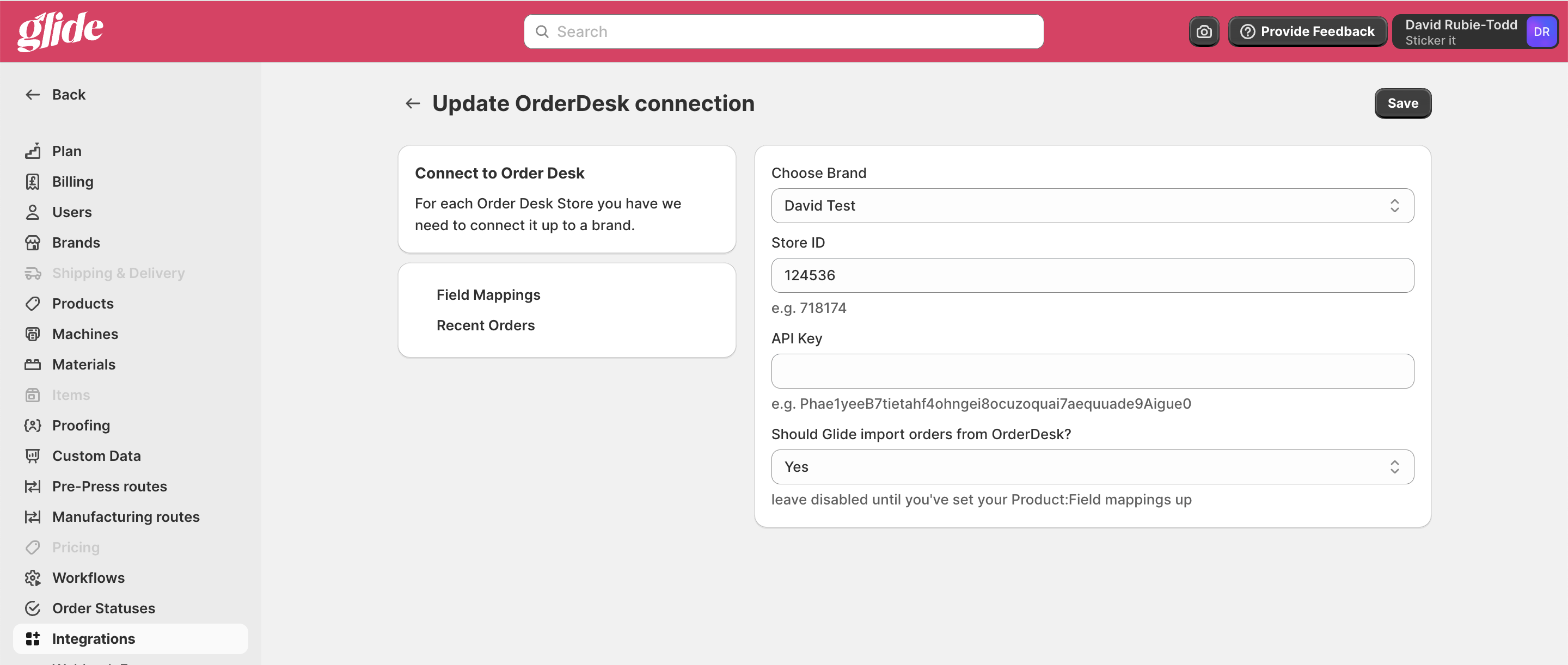 Managing Order Desk integration in Glide