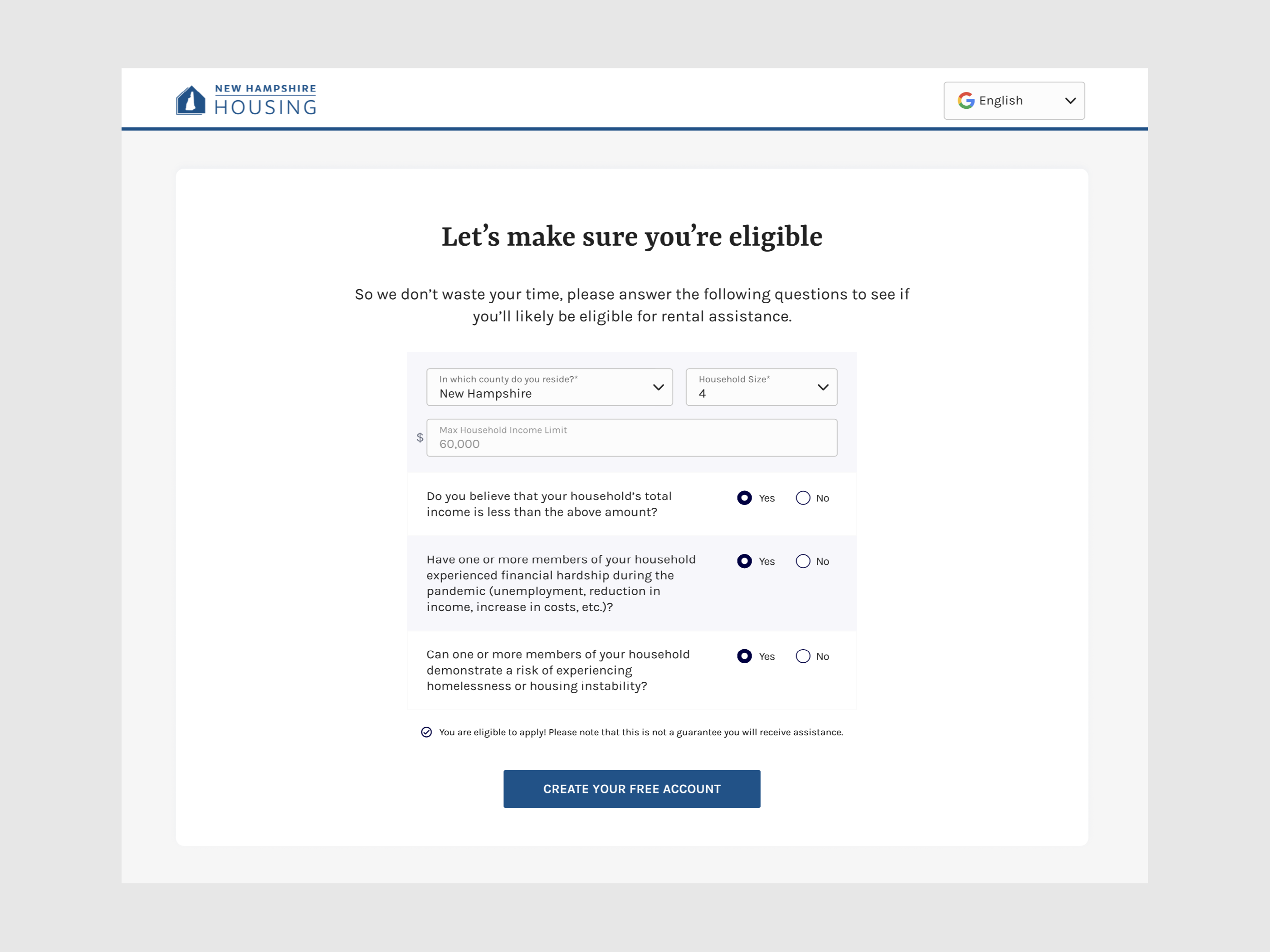 Desktop screen showing prescreener for application eligibility