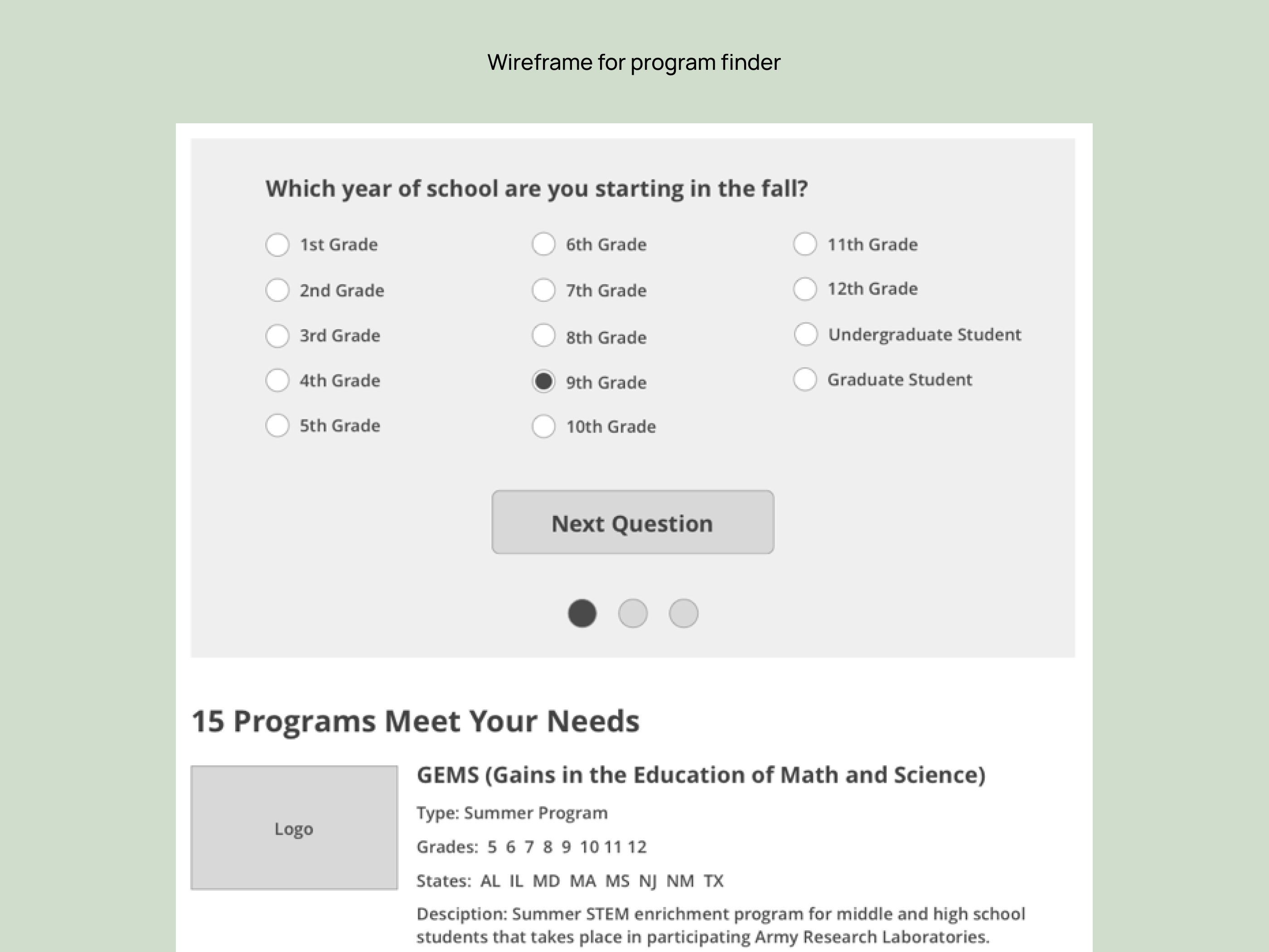 Wireframe created for program finder tool