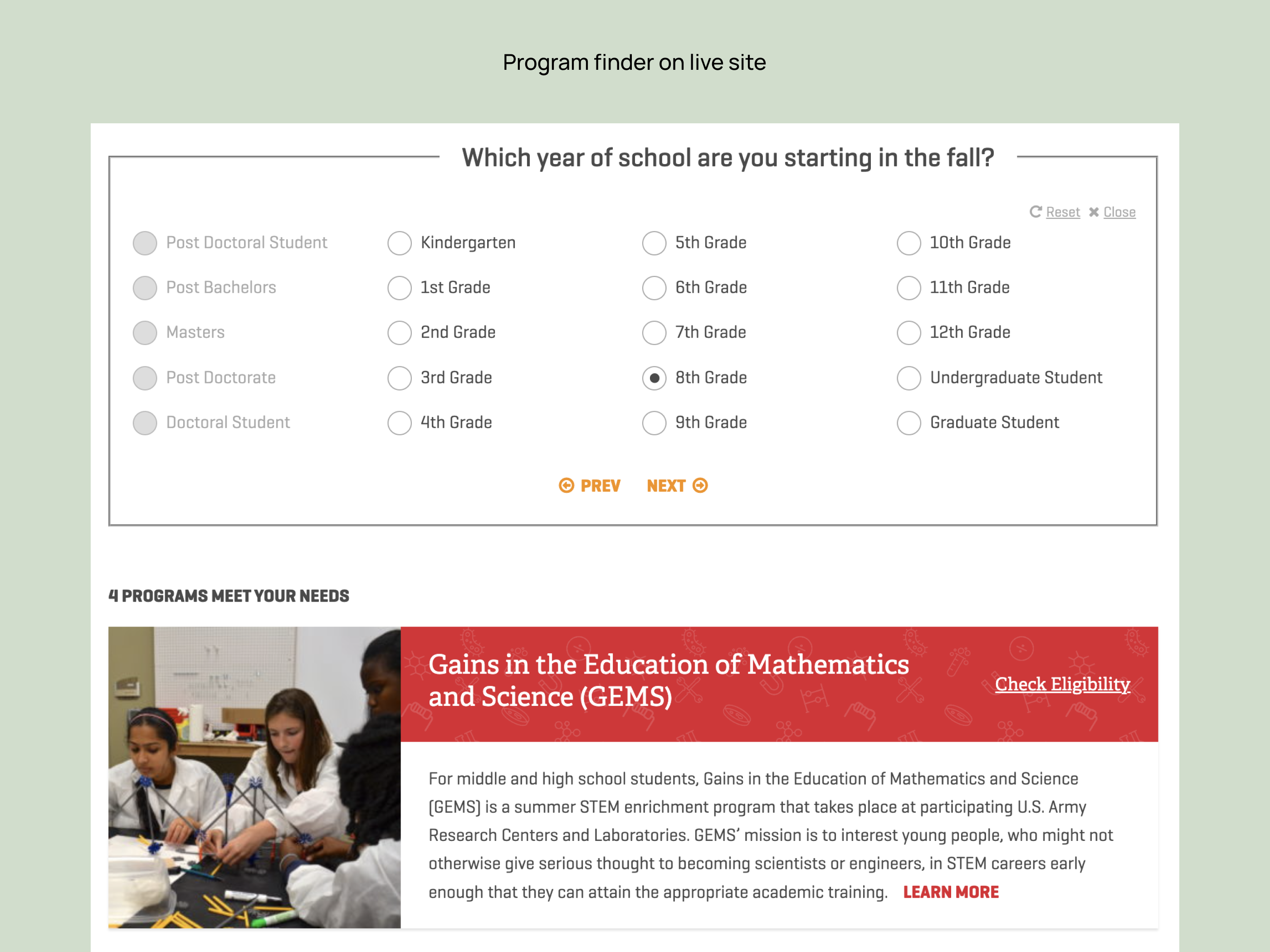 Visual design of program finder tool (based on wireframe)
