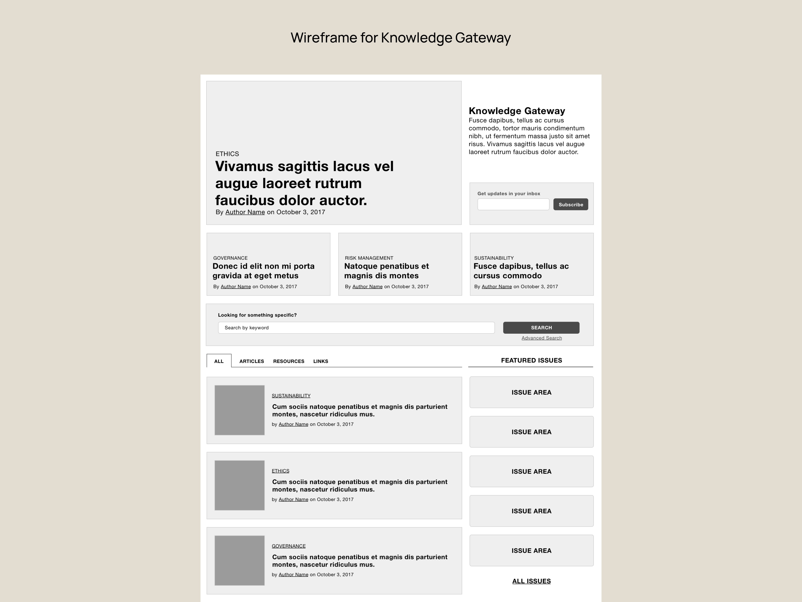 Wireframe created for Knowledge Gateway section of site