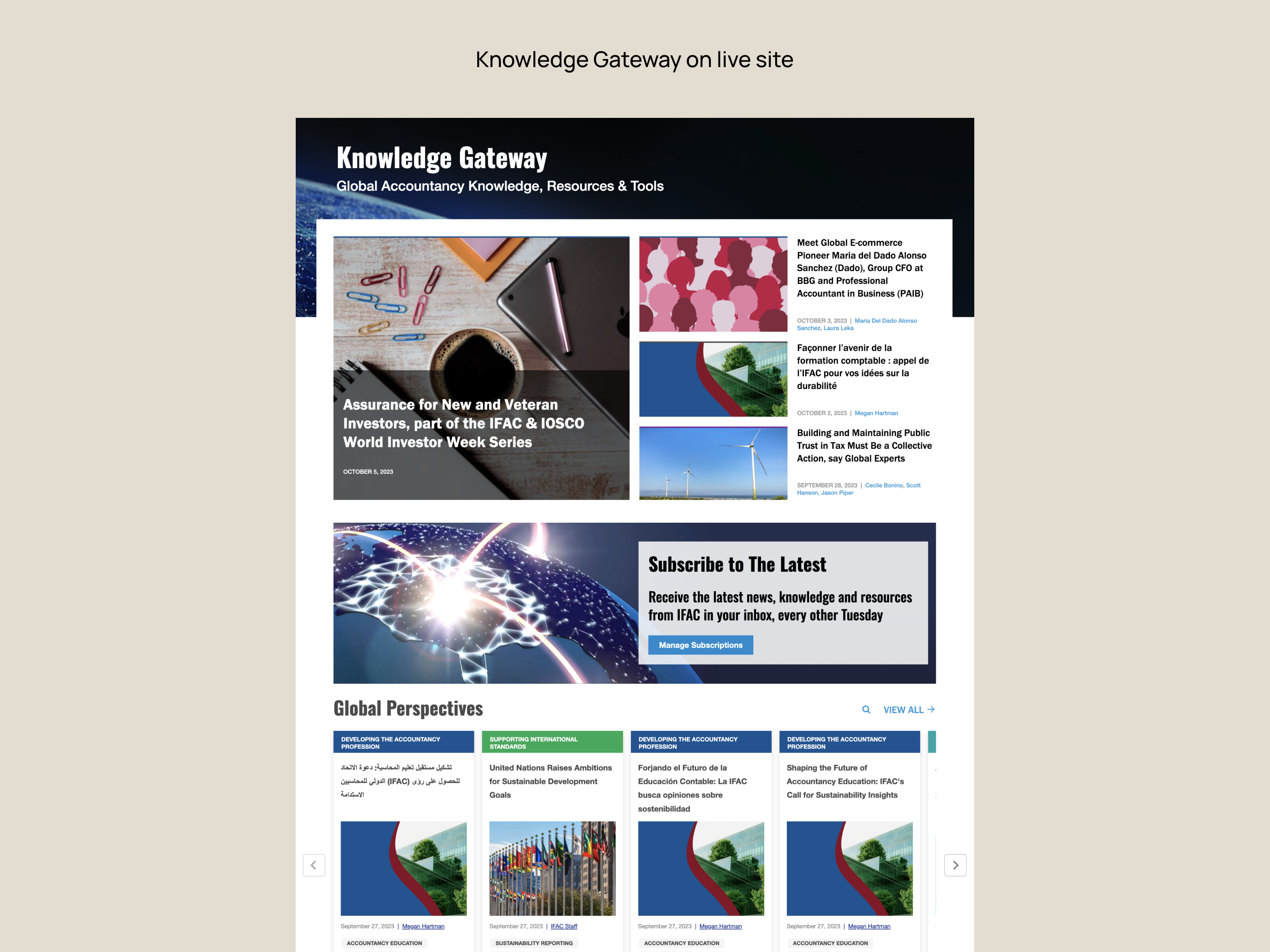 Final design of Knowledge Gateway section of site (based on wireframe)