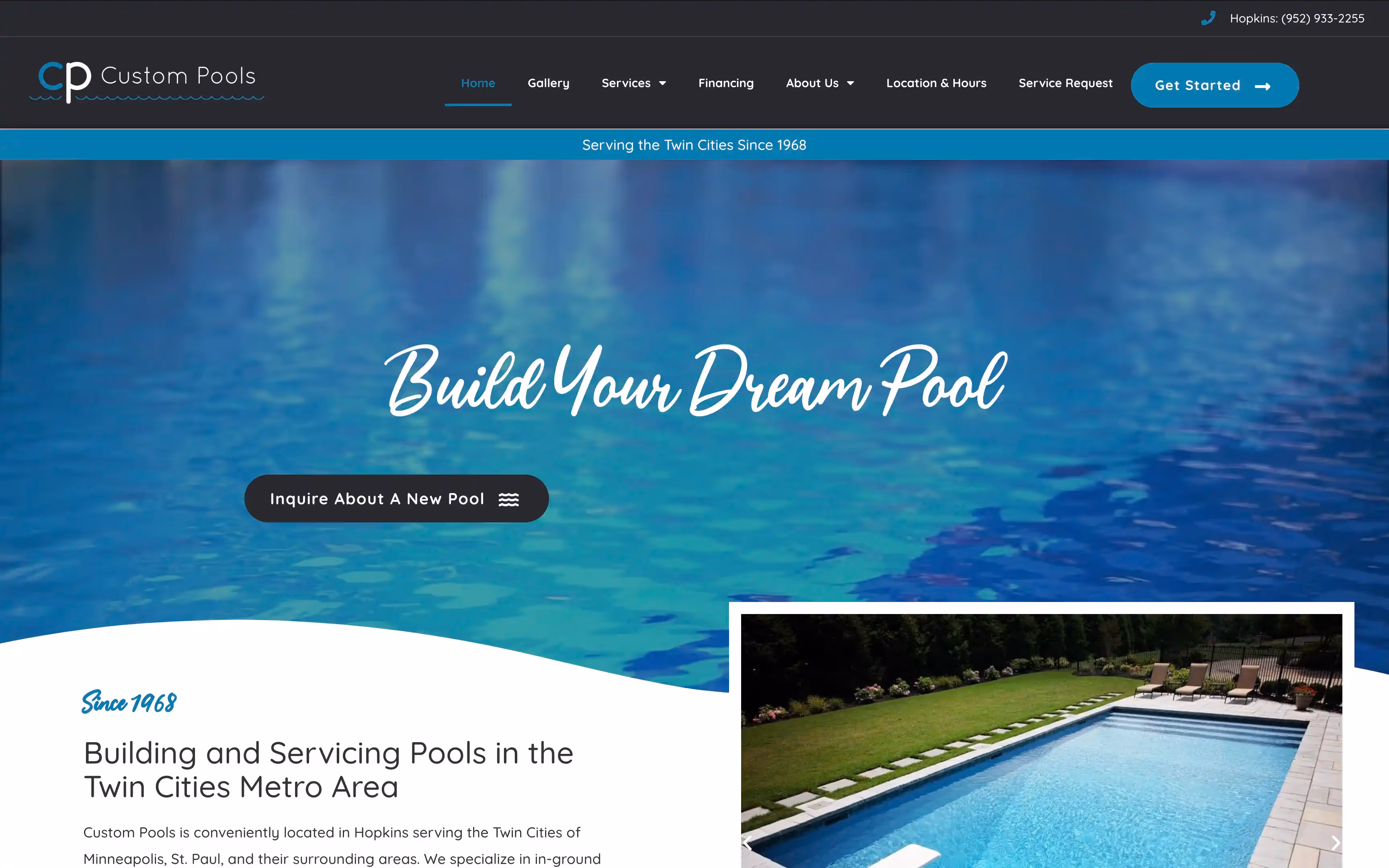 Custom Pools Inc website screenshot