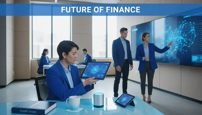 Modern credit union office with digital automation systems and staff using tablets