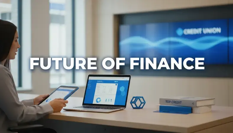 Modern credit union office with digital banking interface displays and member service representatives using tablets