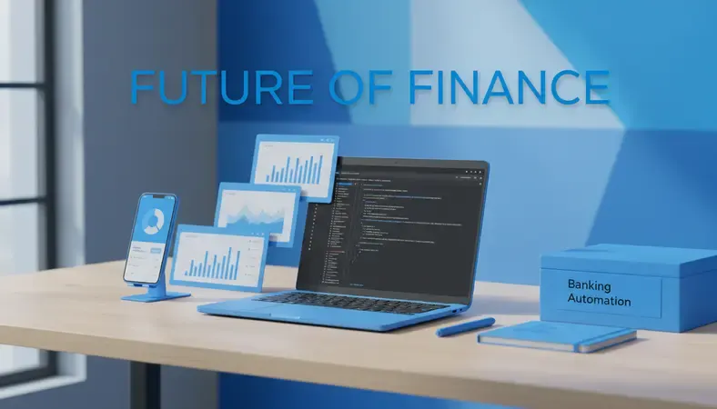 Modern banking workspace with digital automation tools and screens showing financial dashboards
