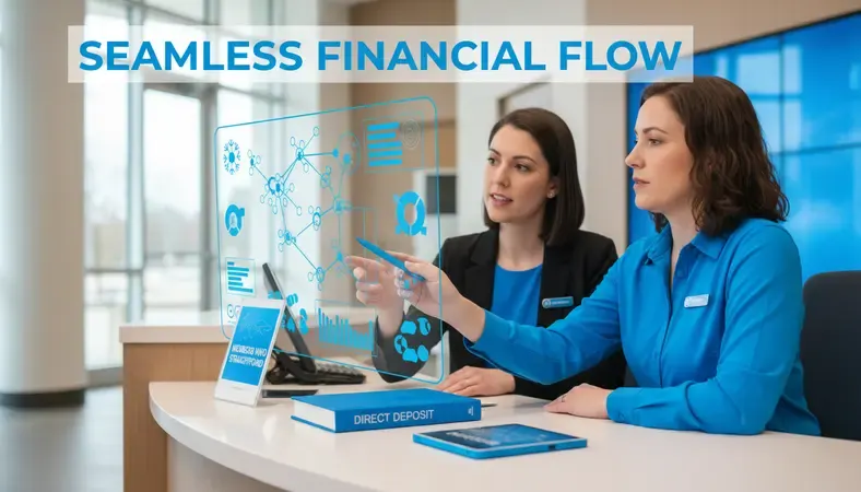 Professional banking representative explaining direct deposit benefits to a customer at a modern credit union branch