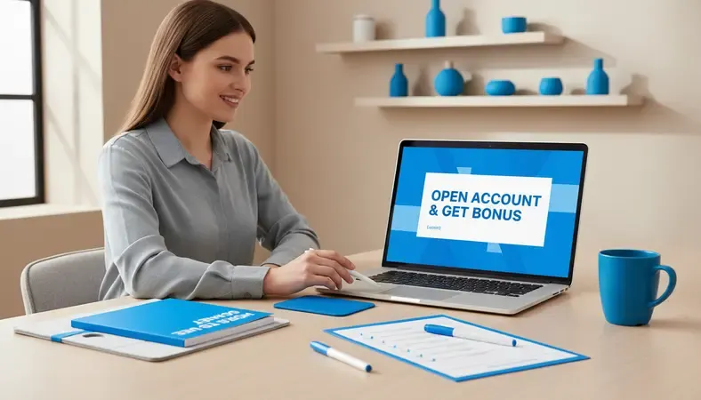 Credit union member opening account on laptop with bonus offer displayed on screen