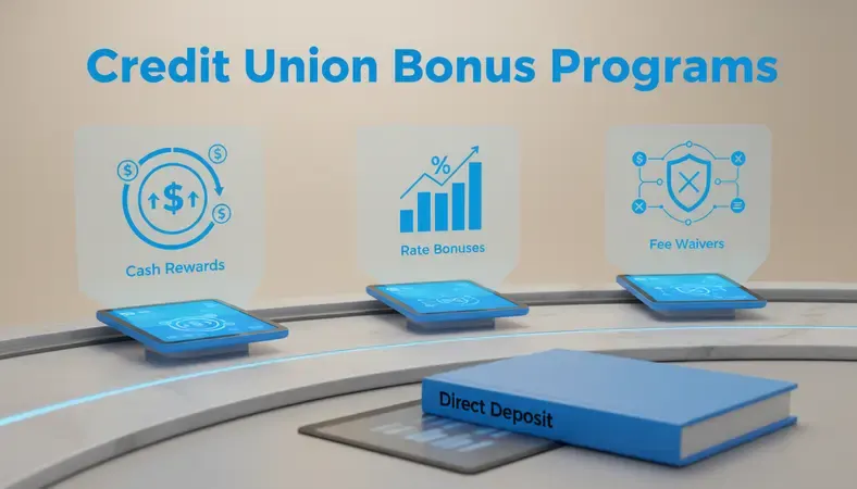 Visual comparison of different credit union bonus programs showing cash rewards, rate bonuses, and fee waivers