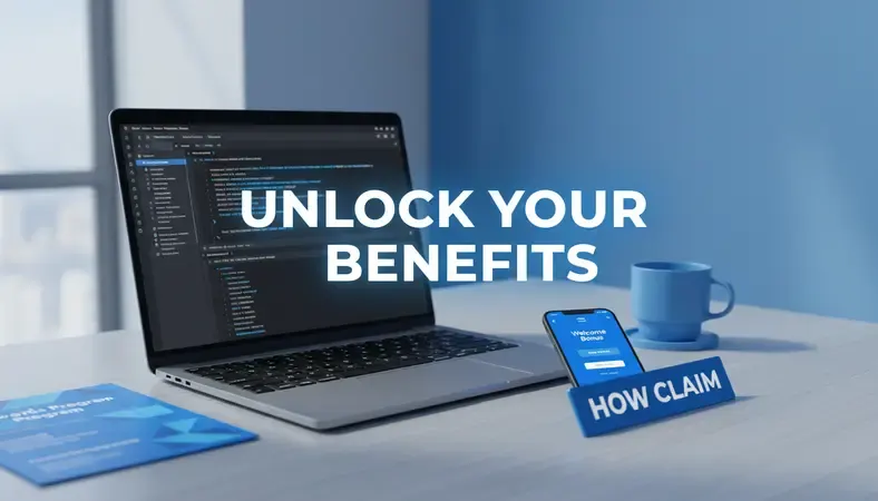 Professional workspace showing credit union application on laptop with welcome bonus documents