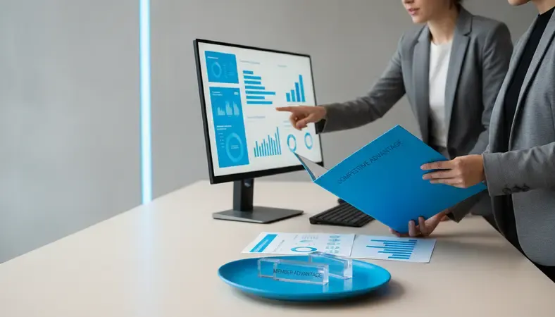 Credit union team reviewing member feedback data and onboarding metrics on computer screens and printed reports