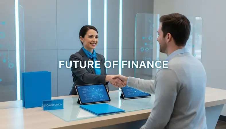 Credit union staff member welcoming a new member at a modern service desk with digital tablets and welcome materials