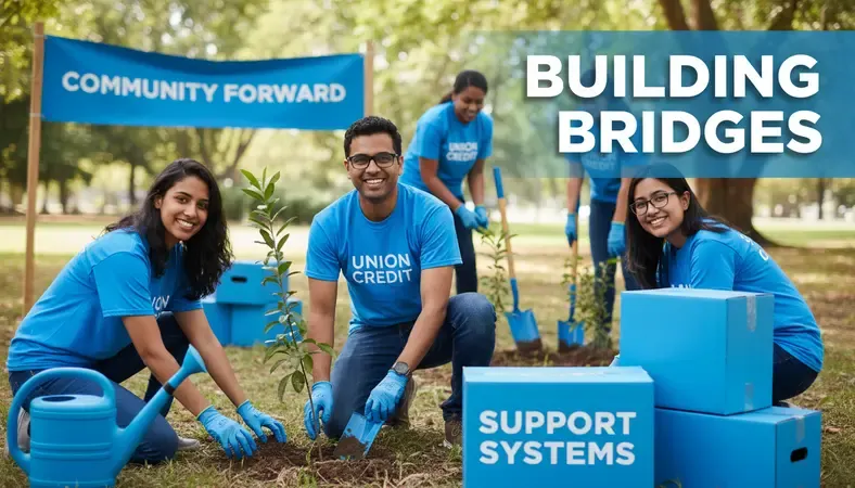 Credit union members participating in a community volunteer event with branded materials and team activities