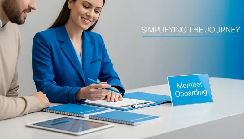 Credit union staff member helping new member complete onboarding paperwork at modern service counter