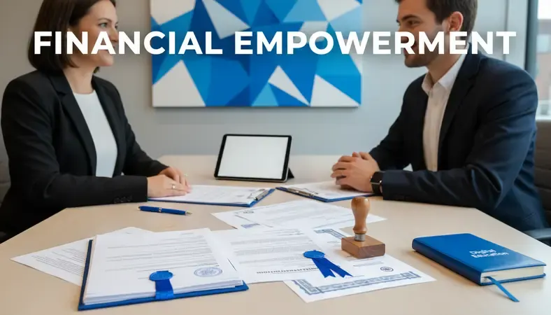 Credit union financial advisor conducting needs assessment with new member at desk with documents and tablet