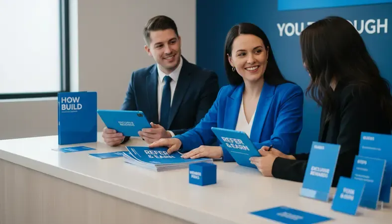 Credit union members discussing referral program benefits at a modern banking counter