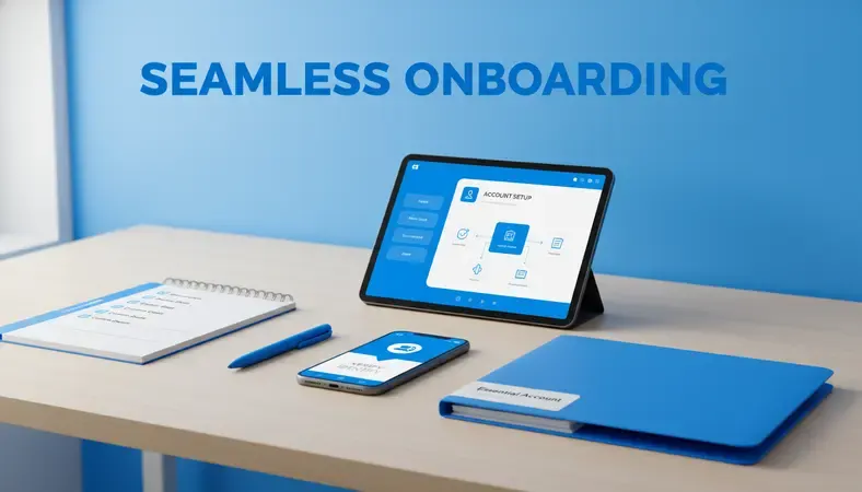 Modern digital banking interface showing account opening process on tablet and smartphone