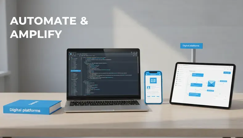 Dashboard showing marketing automation workflows with email sequences, social media scheduling, and customer journey mapping