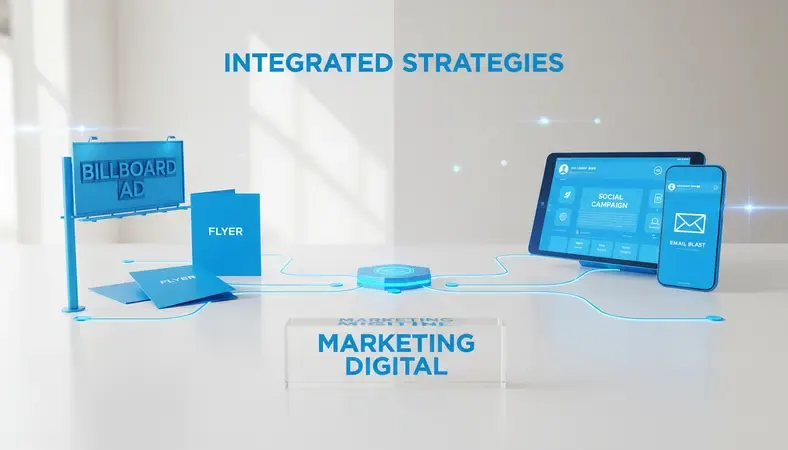 Split screen showing traditional marketing materials like billboards and brochures alongside digital marketing elements like social media screens and email campaigns