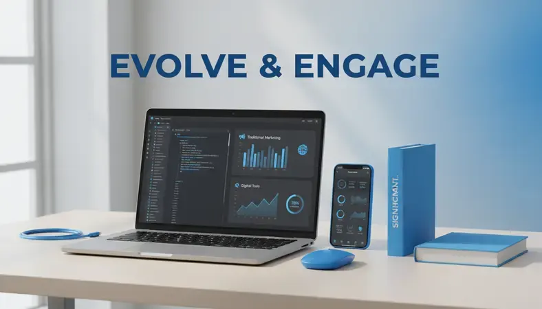 Split-screen comparison showing traditional marketing methods on left and modern digital marketing tools on right with engagement metrics