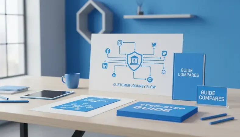 Infographic showing different digital marketing channels connecting to a central banking hub with arrows indicating customer journey flow