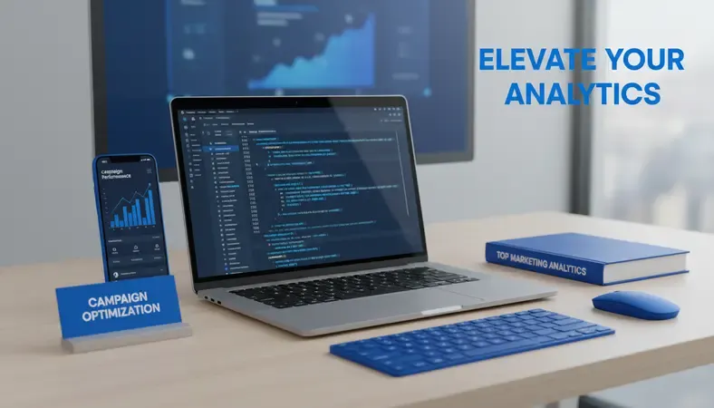 Modern marketing workspace with digital analytics dashboard showing campaign performance metrics