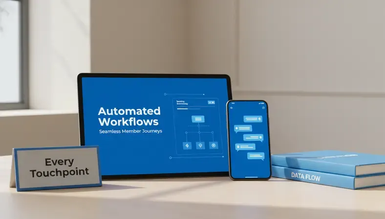 Modern banking technology dashboard showing member analytics and automated communication workflows