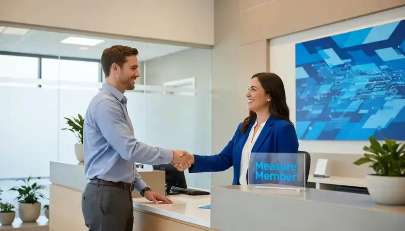 Happy credit union members shaking hands with staff member in modern branch setting