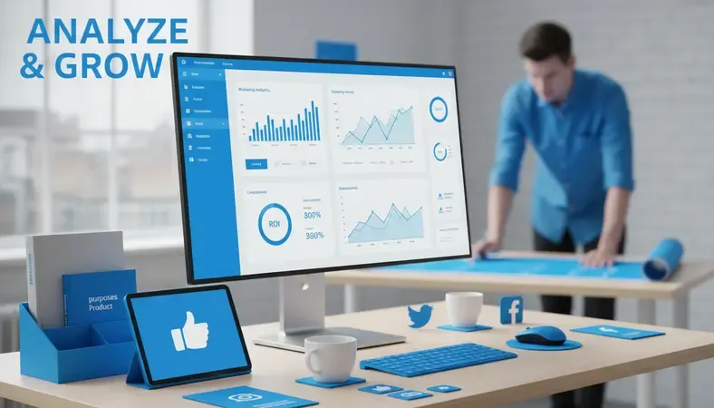 Credit union marketing team analyzing ROI dashboard with various performance metrics and charts
