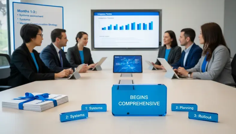 Credit union staff meeting with integration timeline charts and member communication materials displayed
