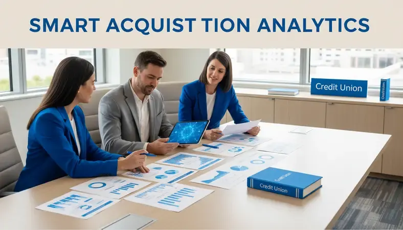 Credit union executives reviewing acquisition documents and financial charts in a modern conference room