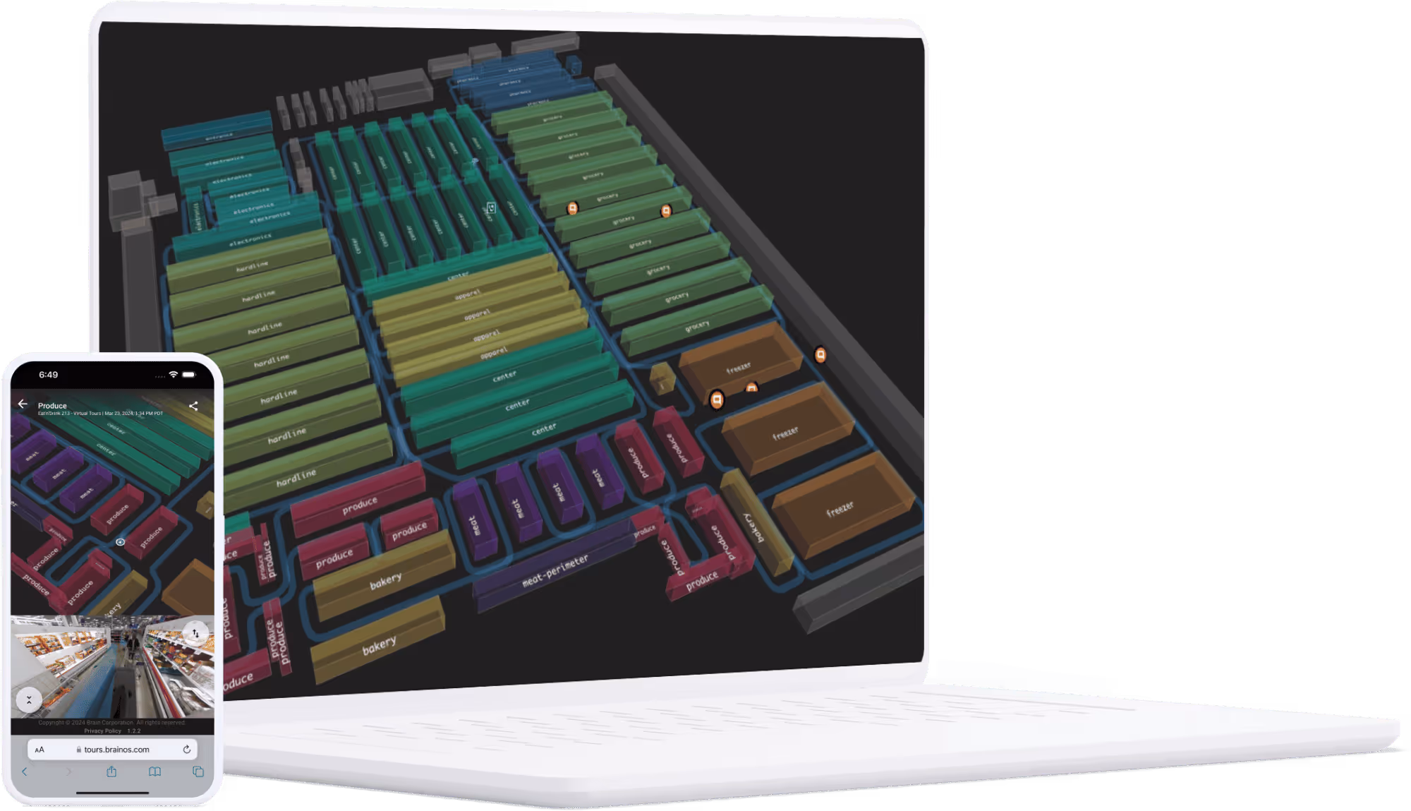 A phone and a laptop displaying BrainOS virtual