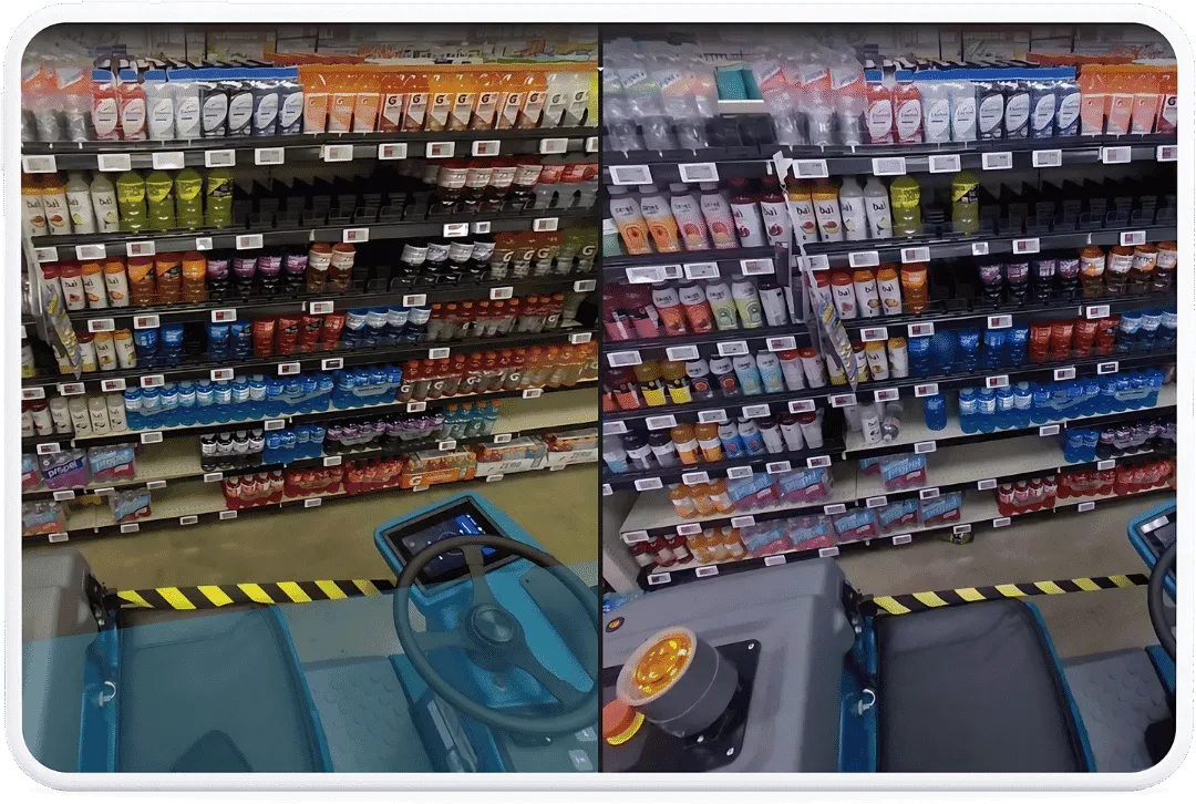 食料品店の通路の棚を遠隔地から見る