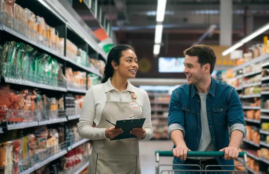 A grocery store employee helping a customer.