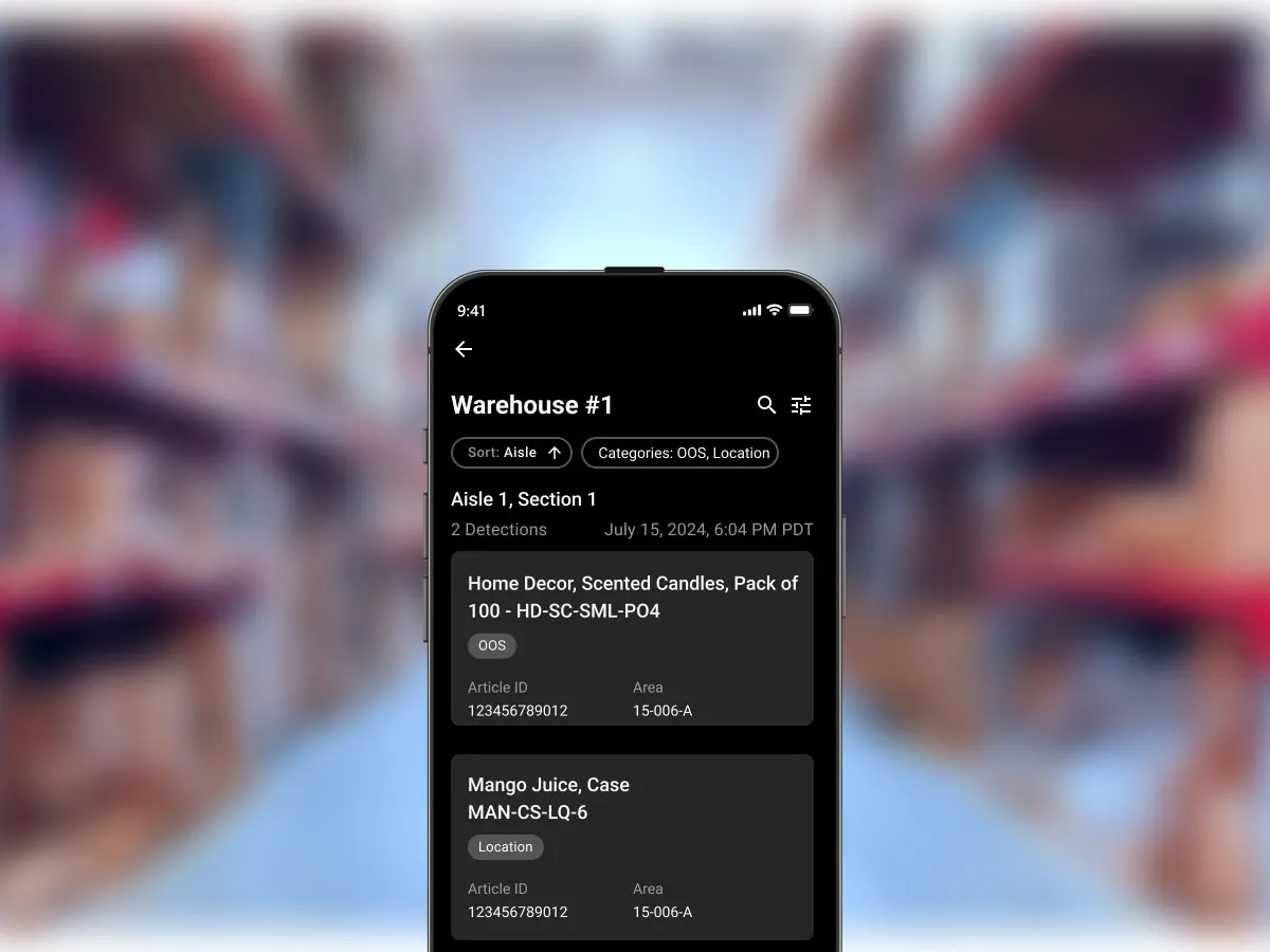 A phone app screen over a warehouse background.