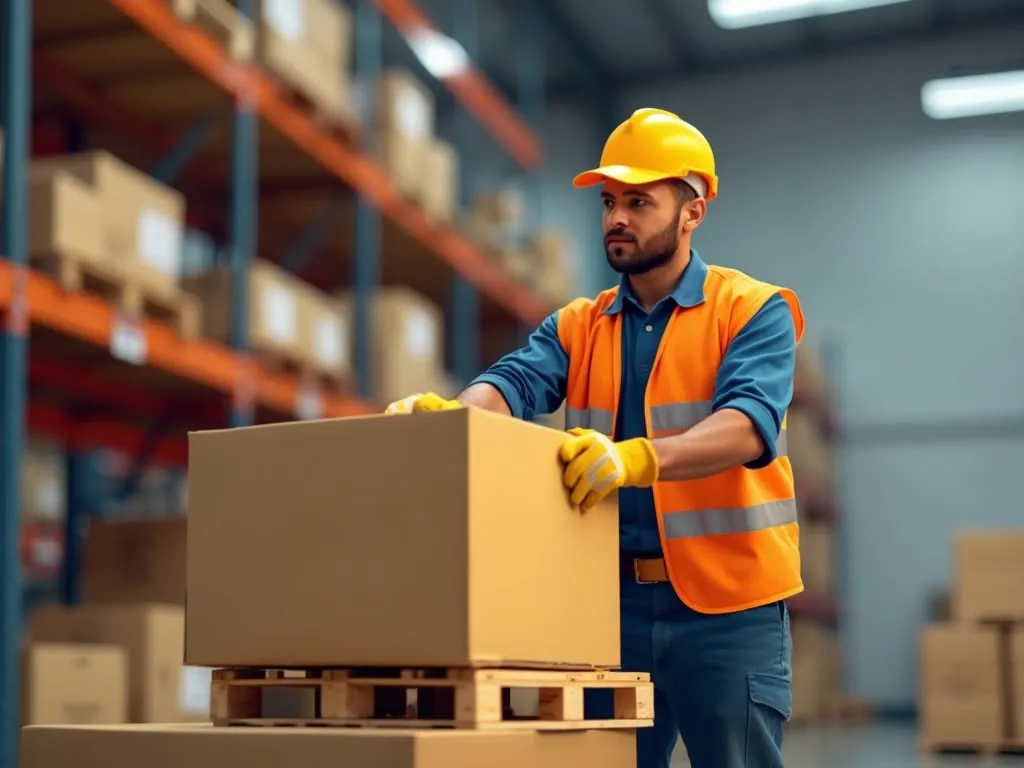 A warehouse employee holding a box.