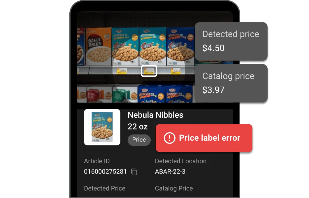 A phone displaying BrainOS UI of a price label error for Nebula Nibbles