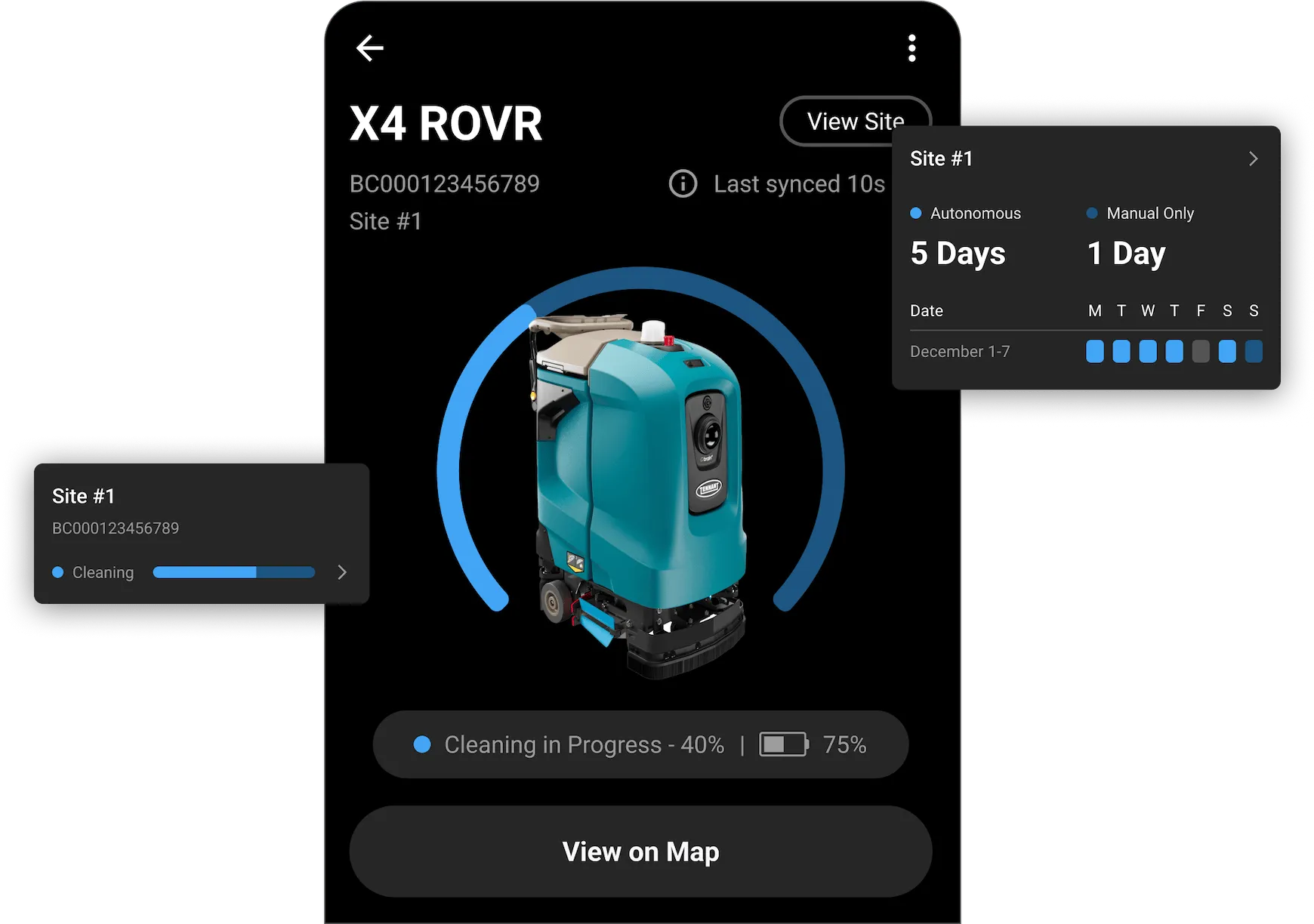 Phone UI displaying X4 ROVR information with site data