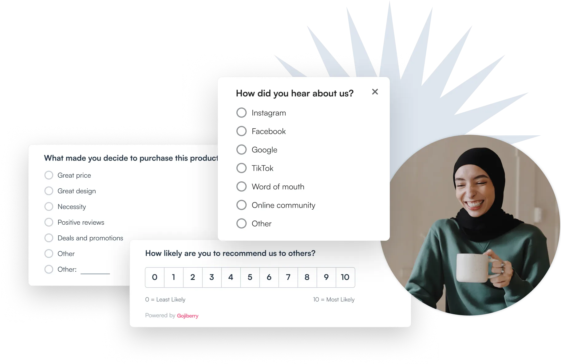 Woman smiling, looking at survey templates