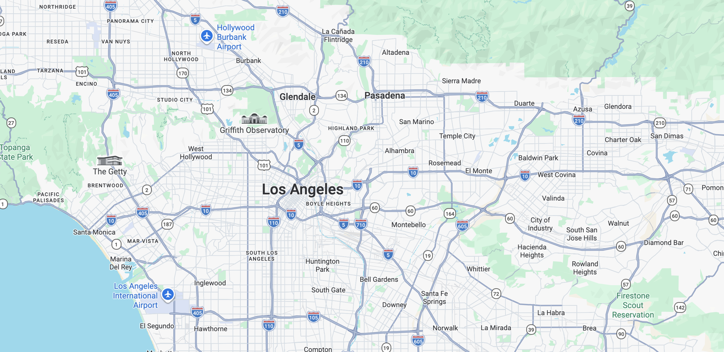 Map of Los Angeles showing highways, neighborhoods, and landmarks like The Getty and Griffith Observatory.