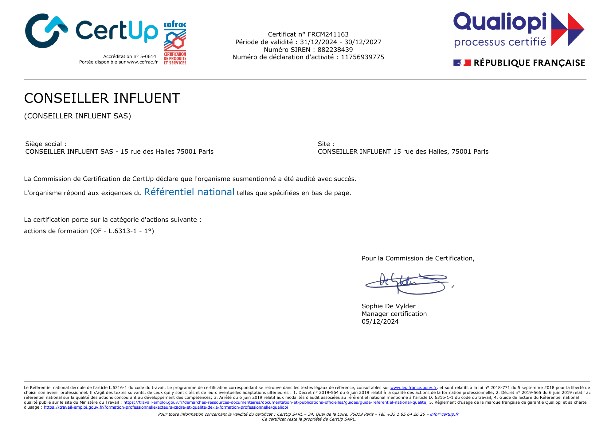 Certificat Qualiopi Conseiller Influent