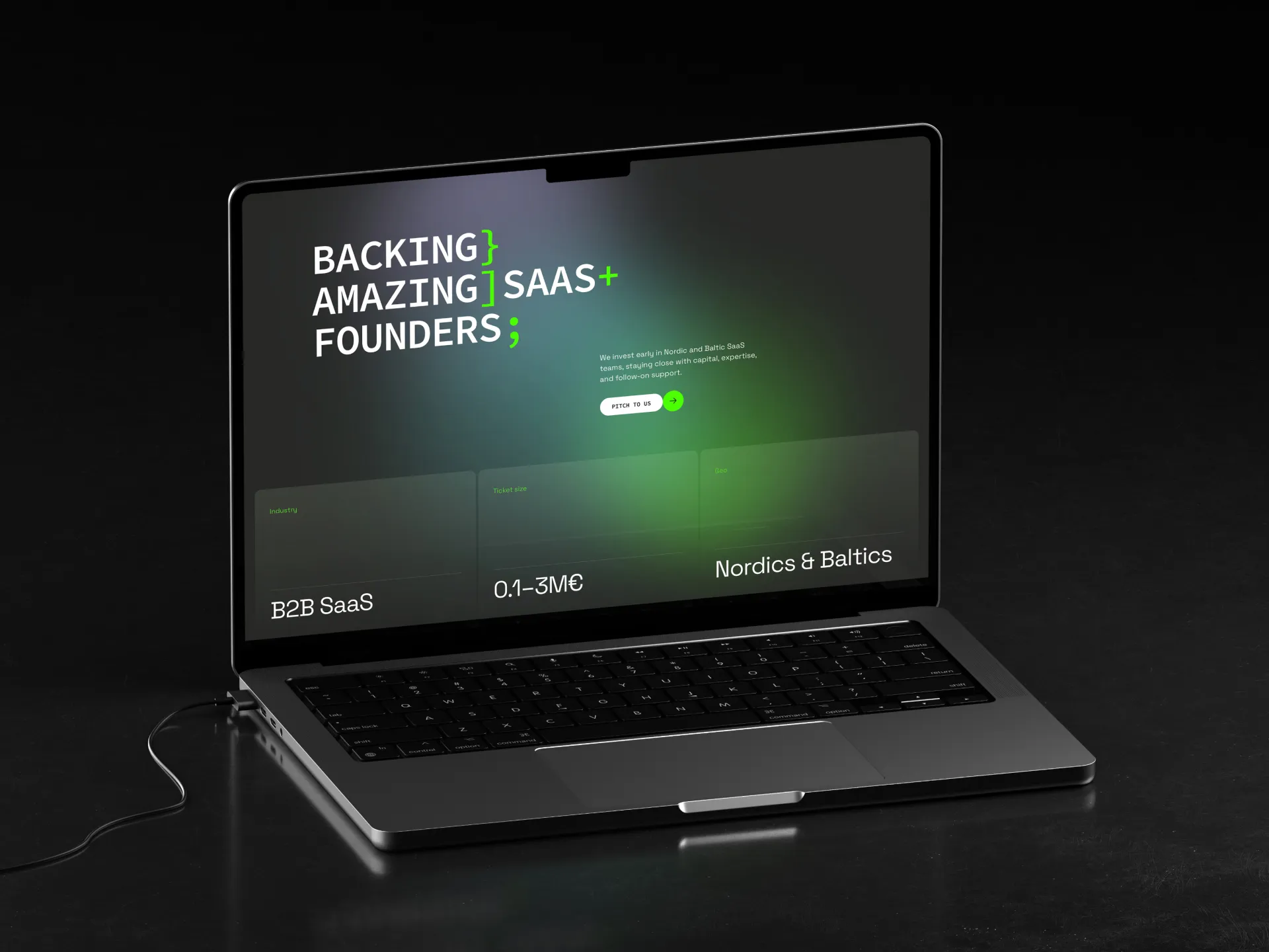 Laptop mockup displaying Vendep Capital website homepage hero with bold typography and neon green accents.