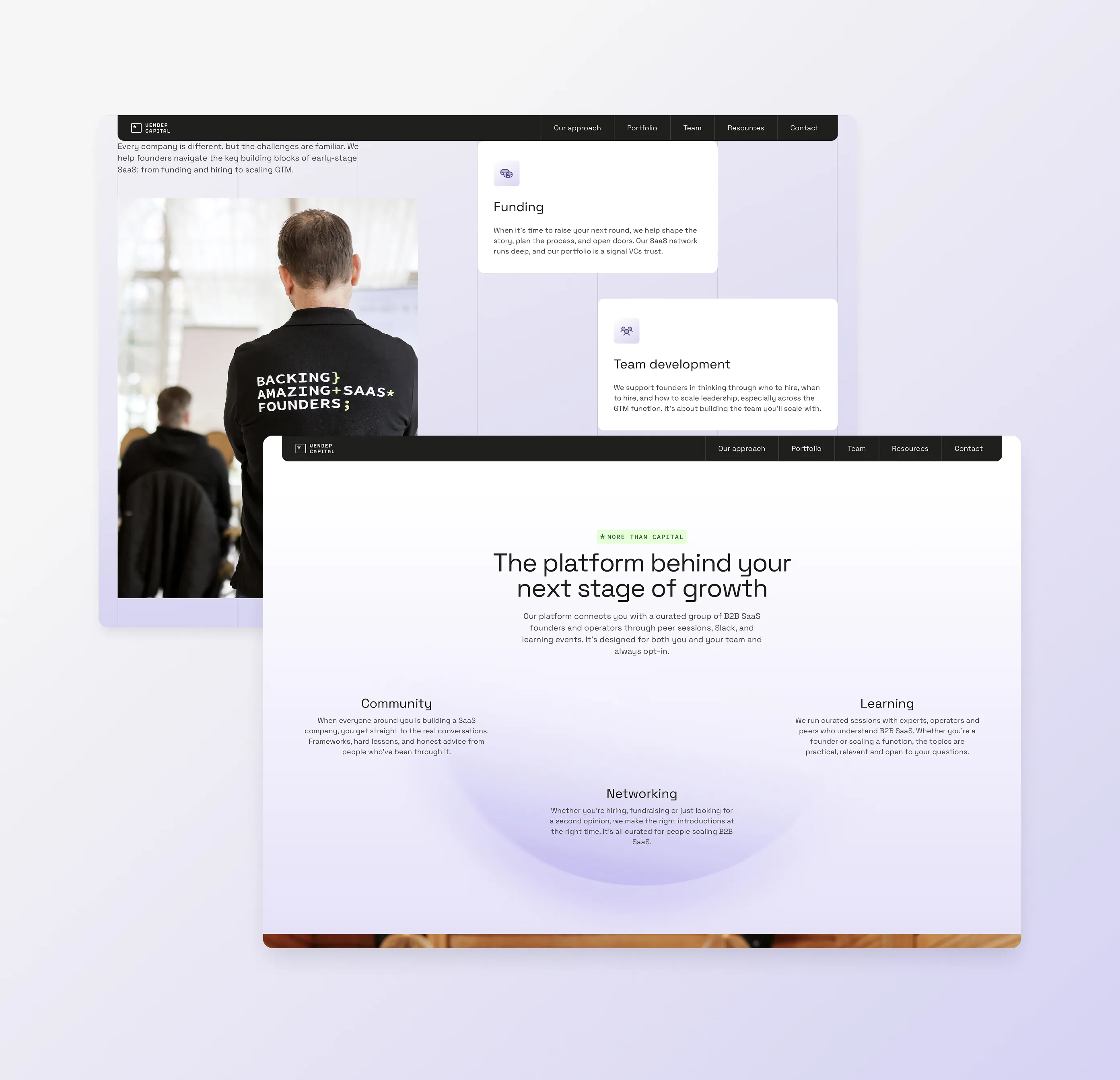 Vendep Capital website approach section, highlighting funding, team development, community, networking, and learning.