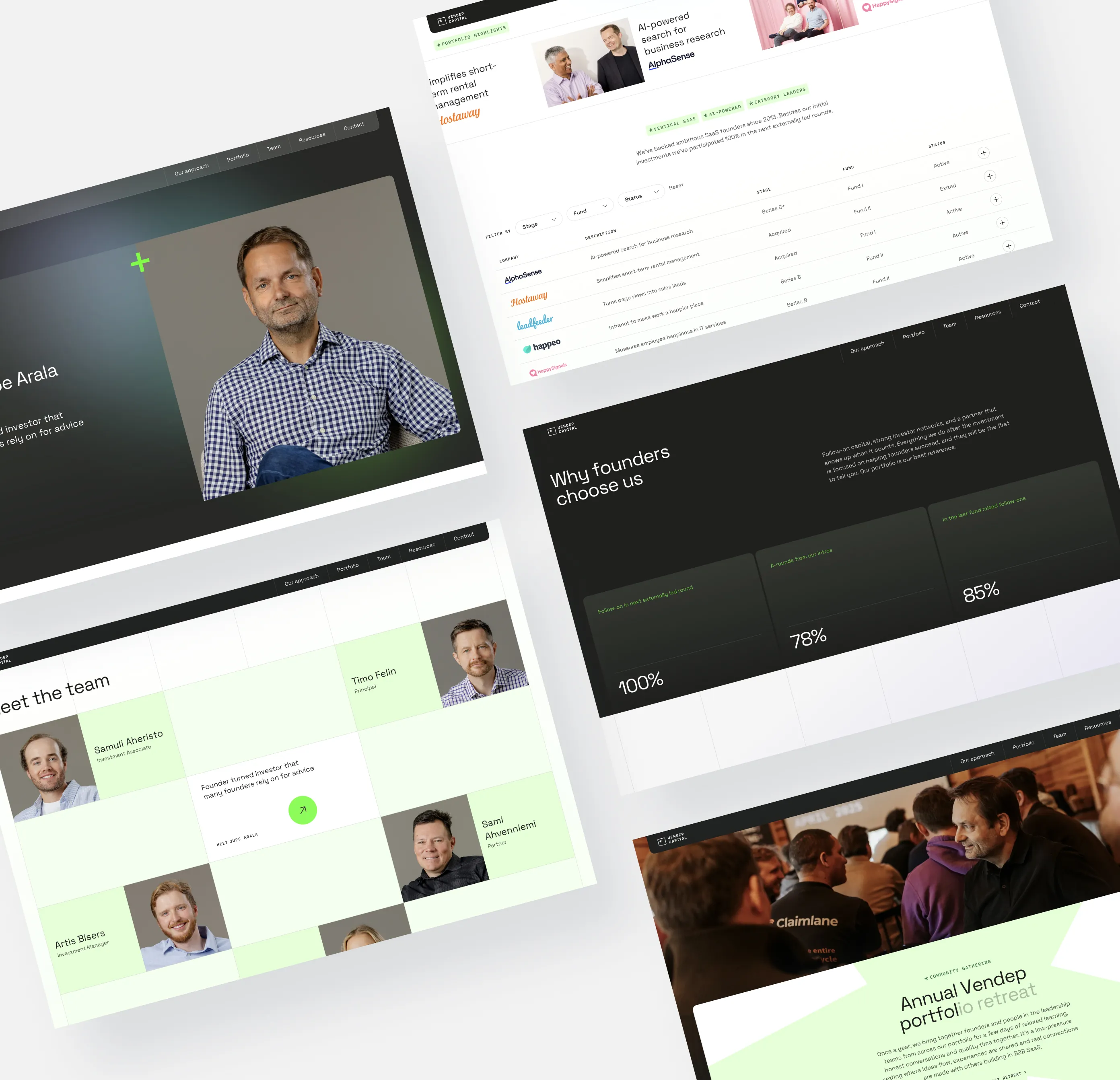 Grid of Vendep Capital website pages, including team profiles, portfolio overview, and founder credibility section.