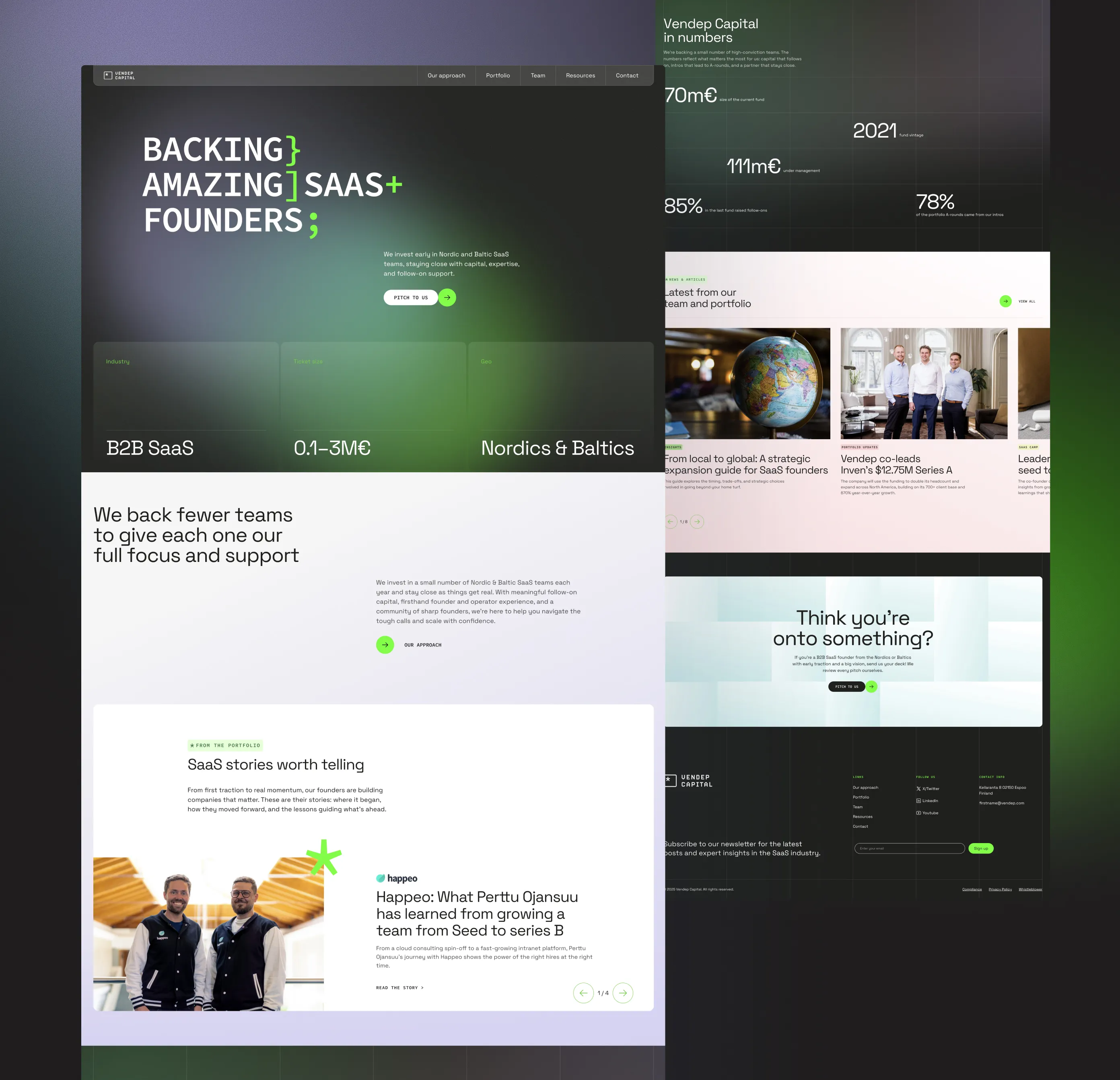 Vendep Capital website homepage and feature highlights mockup, showing hero section, portfolio stories, and trust-building stats.