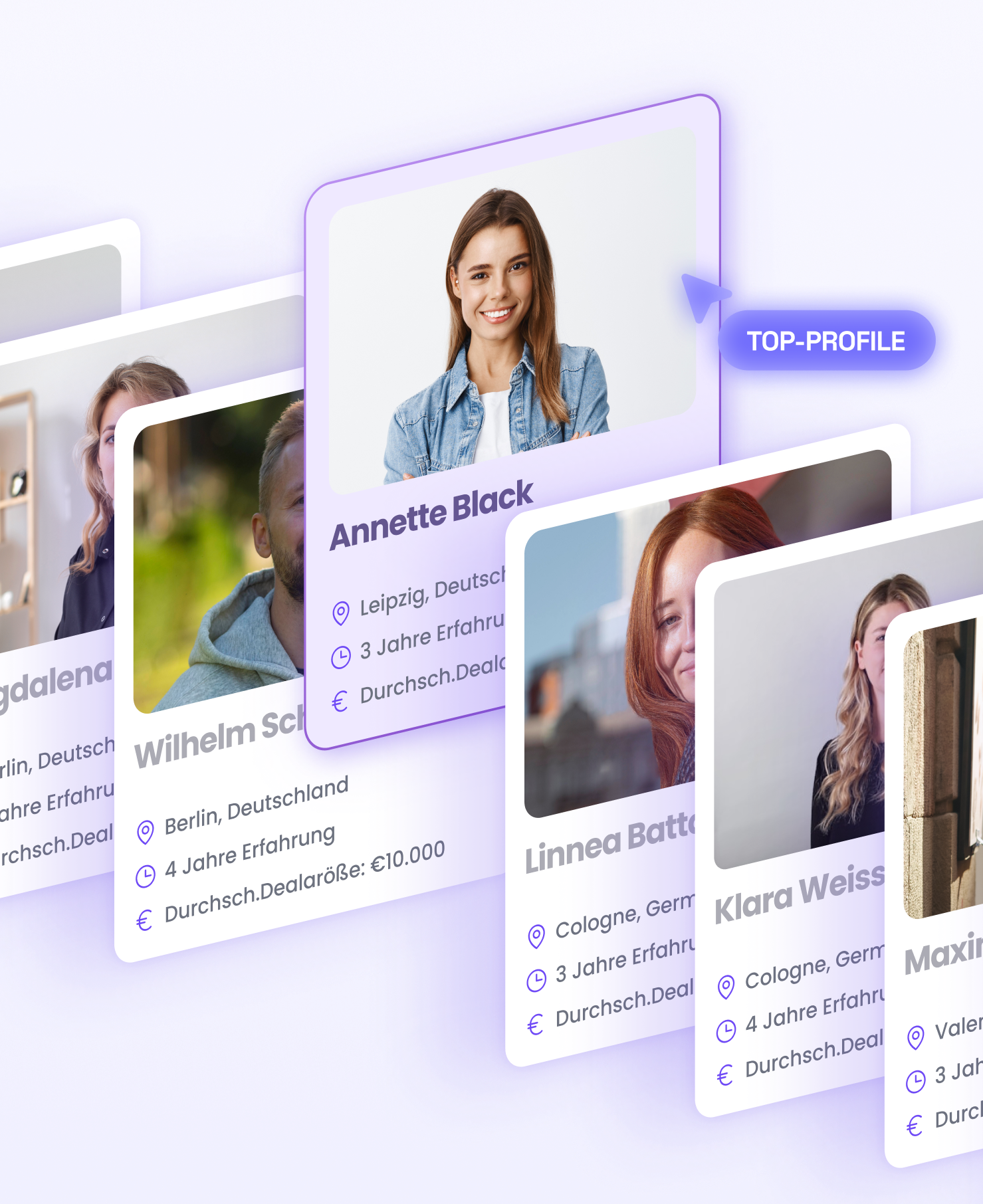 Digital profile cards showing portraits and details of professionals including Annette Black marked as top-profile, mentioning locations, years of experience, and average deal size in euros.